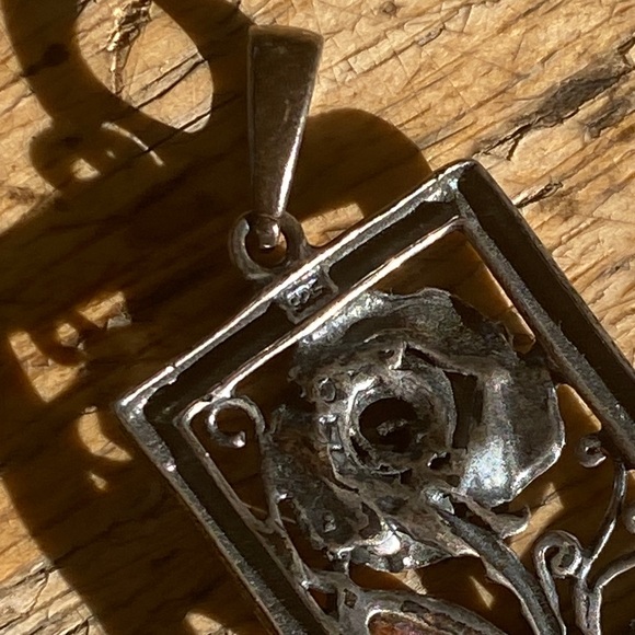 925 Sterling Silver Floral Inlay Pendant | Turquoise & Amber Tone Stone Pendant - Picture 5 of 6